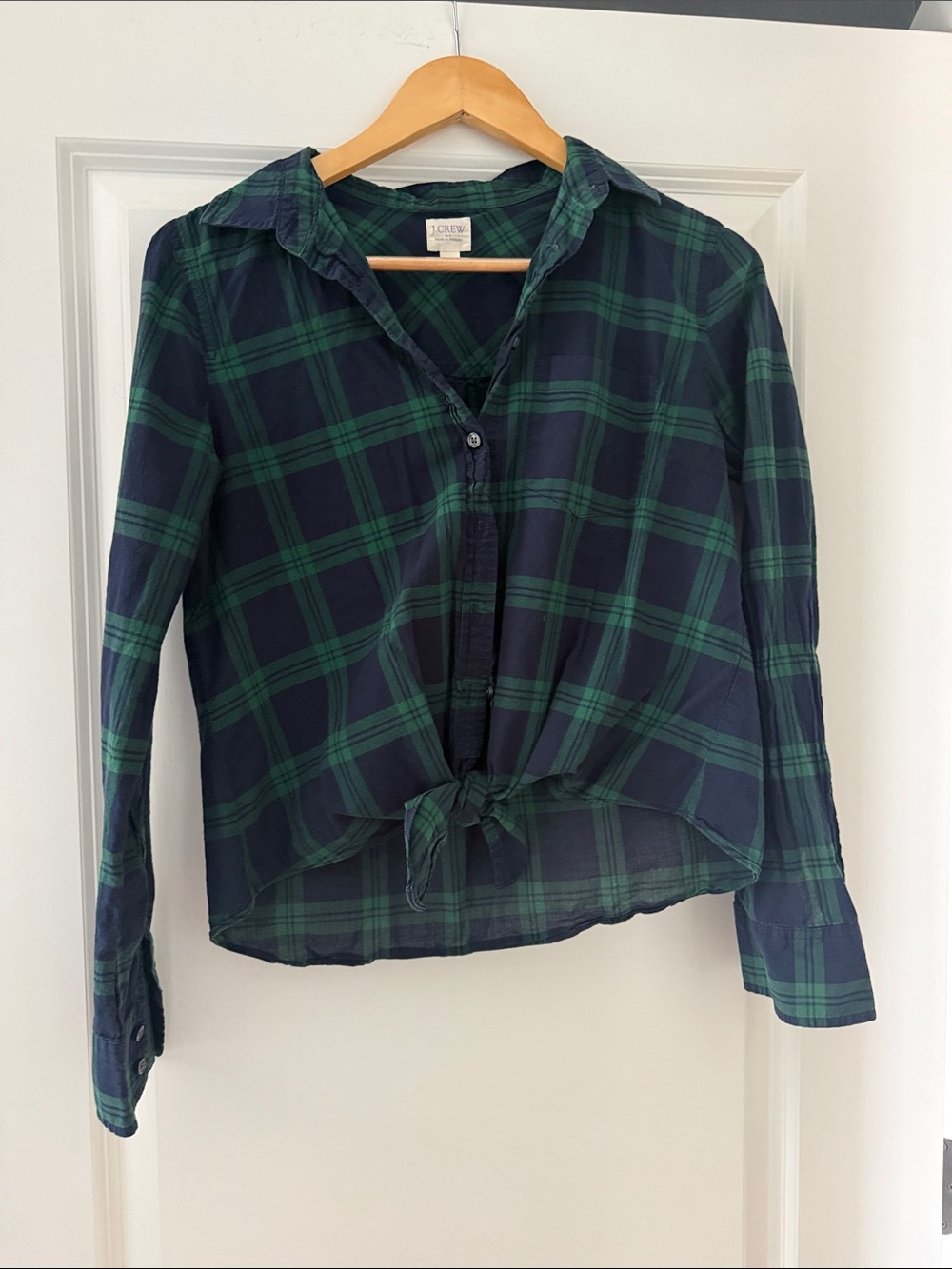 J. Crew Navy and Green Plaid Tie-Front Button-Down Shirt